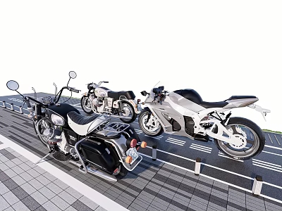 Three Different Motorcycles Parked On Brick Paved Area With White Stripes 3d model