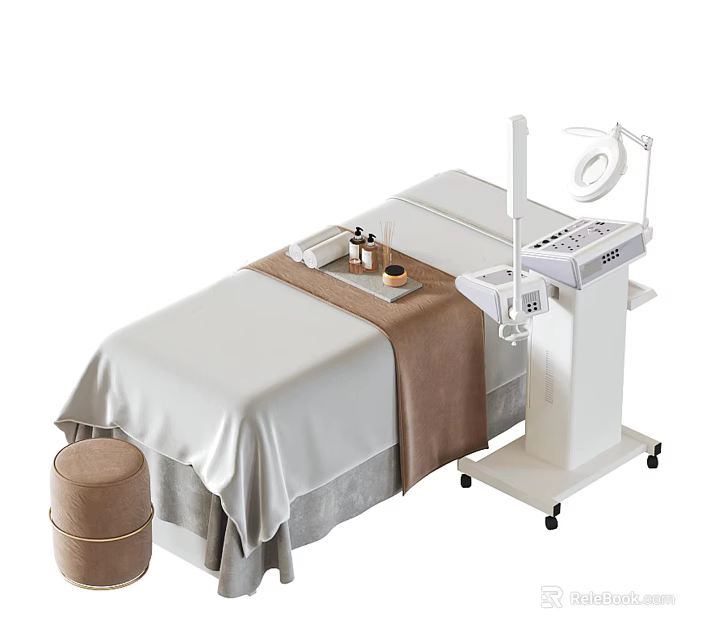Beauty Therapy Room Setup With Comfortable Bed Brown Blanket Equipment Cart And Round Stool 3d model 