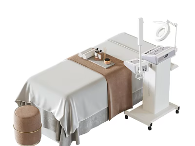 Beauty Therapy Room Setup With Comfortable Bed Brown Blanket Equipment Cart And Round Stool 3d model