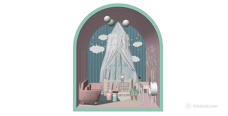 Baby Crib With White Canopy Blue Striped Walls Cloud Decorations And Pink Armchair 3d model 