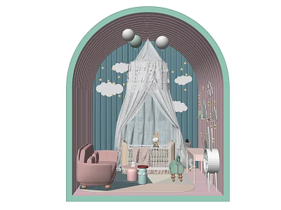 Baby Crib With White Canopy Blue Striped Walls Cloud Decorations And Pink Armchair 3d model