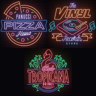 Vintage Neon Lightbox Signage Featuring Pizza Record Store And Tropical Club 3d model