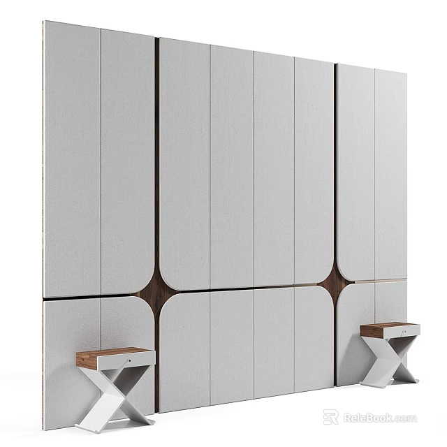 Modern Bedroom Accent Wall Design With White Panels Wooden Accents And Side Tables 3d model 