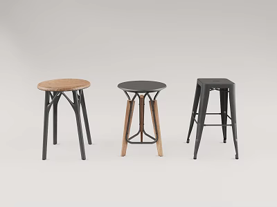 Modern Bar Stools With Wooden And Metal Round Seats And Different Leg Designs 3d model