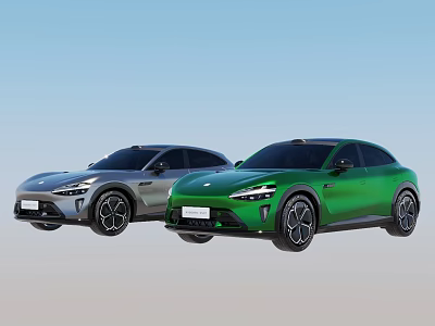 Two Modern Cars In Green And Gray With Sleek Exterior Design Features 3d model