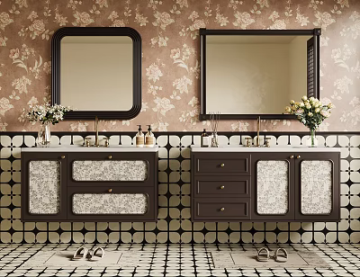 Double Bathroom Vanity With Dark Cabinet Marble Top Mirror Floral Wallpaper Hexagon Tile 3d model