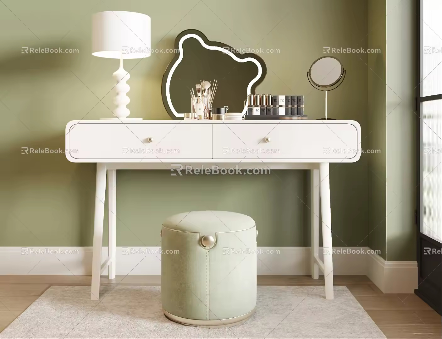 Cream Style Dressing Table Dressing Table Dressing Stool Cosmetic Ornaments Mirror 3d model