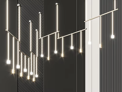 Modern Linear Chandelier With Suspended LED Bulbs And Metal Frame On Striped Wall Background 3d model