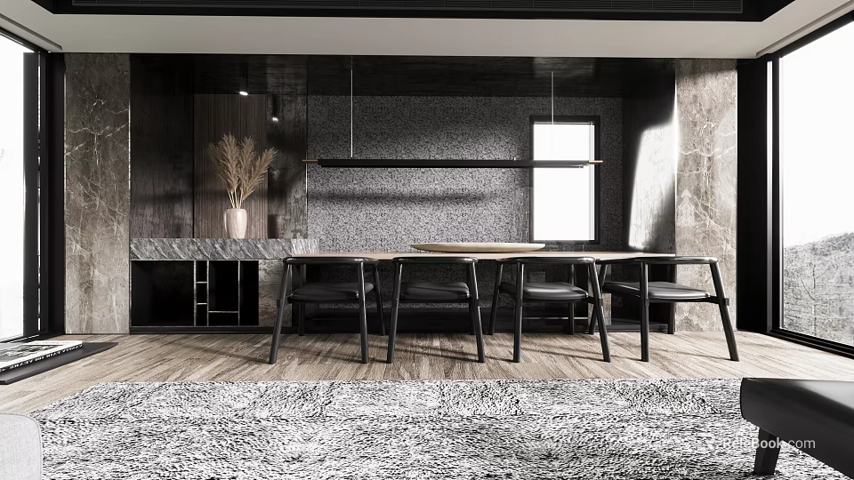 Modern Restaurant Interior Design With Long Dining Table Black Chairs Marble Countertop Pendant Lights And Wooden Flooring 3d model 