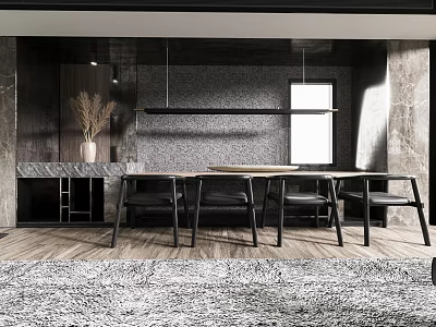 Modern Restaurant Interior Design With Long Dining Table Black Chairs Marble Countertop Pendant Lights And Wooden Flooring 3d model