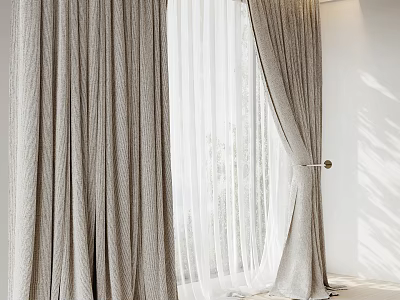 Textured Beige Curtains With Sheer Layers Allowing Natural Light Through Window In Modern Home 3d model