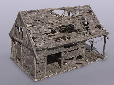 Dilapidated Wooden House Featuring Broken Roof Damaged Walls And Exposed Wooden Frames 3d model