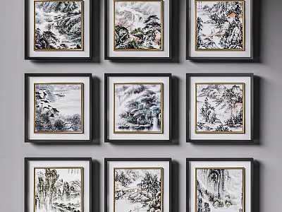 Traditional Chinese Landscape Paintings Framed Wall Art Hanging In Grid Arrangement 3d model