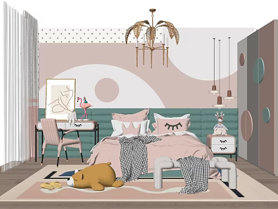 Bedroom Featuring Double Bed with Pink Bedding Green Headboard Gold Chandelier and Circular Wall Decor 3d model