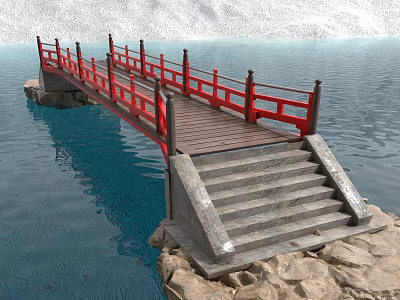 Red Railing Bridge With Wooden Deck And Stone Steps Over Blue Water On Rocky Base 3d model