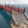 Red Railing Bridge With Wooden Deck And Stone Steps Over Blue Water On Rocky Base