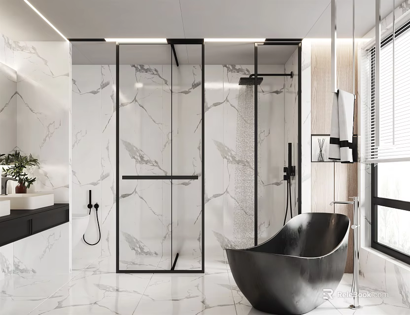 Modern Bathroom Interior With Marble Walls Glass Shower And Black Bathtub 3d model 