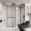 Modern Bathroom Interior With Marble Walls Glass Shower And Black Bathtub