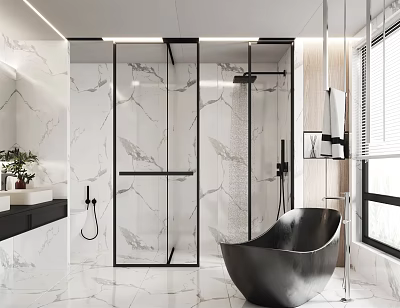 Modern Bathroom Interior With Marble Walls Glass Shower And Black Bathtub 3d model