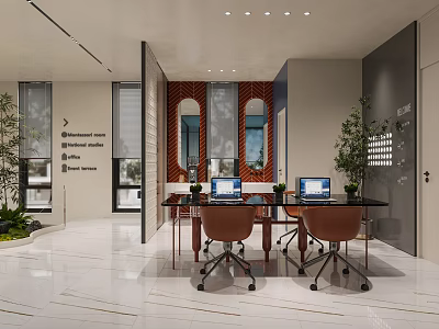 Modern Public Office Space Interior With Tables Chairs Laptops And Green Plants 3d model