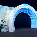 Futuristic Illuminated Blue Archway for Biotech Exhibition with Molecular Structures and Robotic Arm