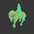 Helmeted Armored Figure Riding White Horse With Decorative Armor Ornate Saddle And Blue Gold Accents