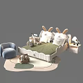 Cute Kids Bed With Rabbit Ear Design Green Mattress White Frame Blue Chair And Stuffed Toys