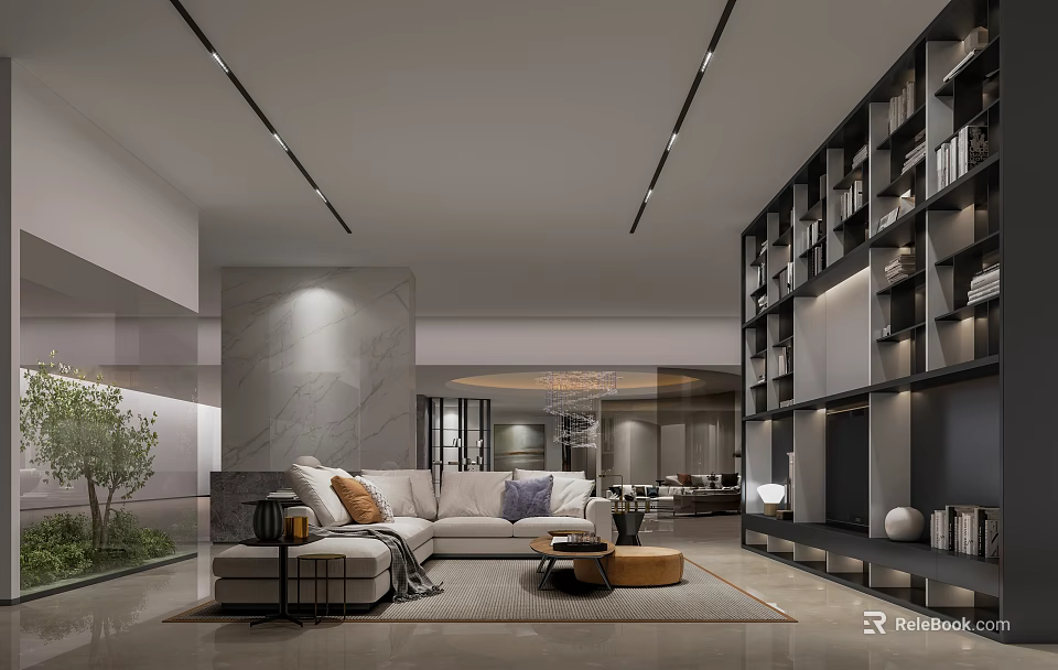 Modern Living Room Interior Design With L Shaped Sofa Built In Bookshelf And Marble Wall 3d model 