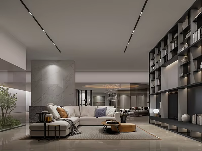 Modern Living Room Interior Design With L Shaped Sofa Built In Bookshelf And Marble Wall 3d model