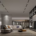 Modern Living Room Interior Design With L Shaped Sofa Built In Bookshelf And Marble Wall