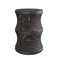 Two Dark Brown Woven Stools With Round Top And Intricate Weave Design