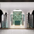 Elegant Storefront Design With White Striped Canopy Arched Entrance Green Marble Wall And Counter