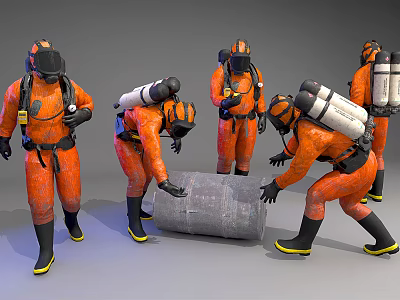 Workers In Orange Protective Suits Handling Cylindrical Object With Oxygen Tanks 3d model