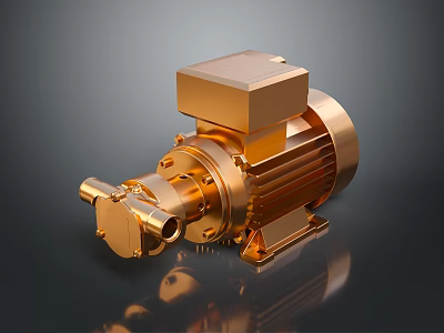 Golden Industrial Pump Motor With Shiny Metallic Texture And Detailed Components 3d model
