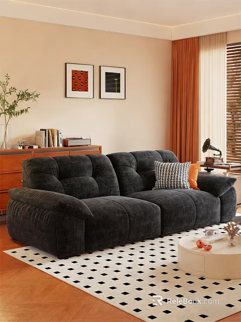Dark Gray Velvet Two Seater Sofa With Checkered Orange Pillows And Wooden Cabinet Wall Art 3d model 