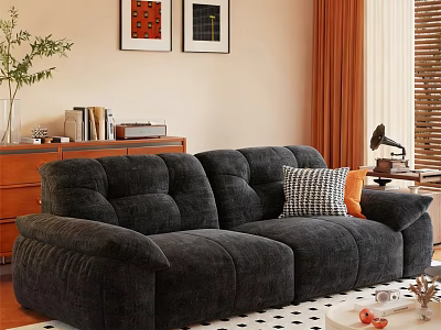 Dark Gray Velvet Two Seater Sofa With Checkered Orange Pillows And Wooden Cabinet Wall Art 3d model