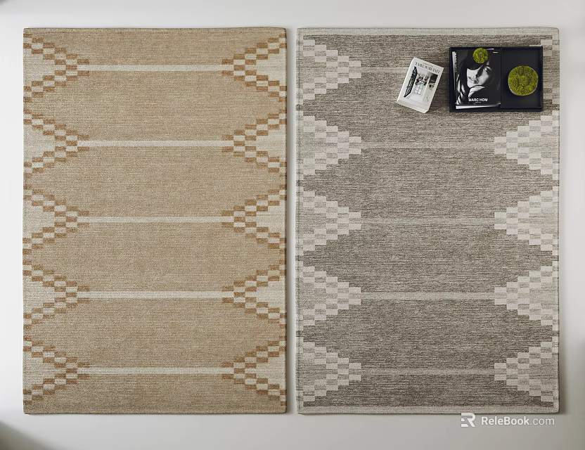 Square Rugs with Geometric Patterns in Beige and Gray Colors and Attached Tags 3d model 