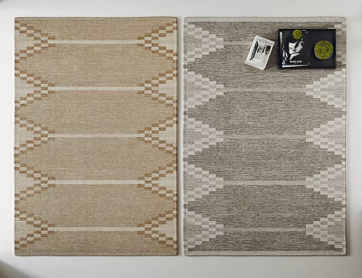 Square Rugs with Geometric Patterns in Beige and Gray Colors and Attached Tags 3d model