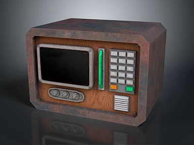 Vintage Rustic Microwave Oven With Wooden Metal Body Black Screen Knobs And Green Buttons 3d model