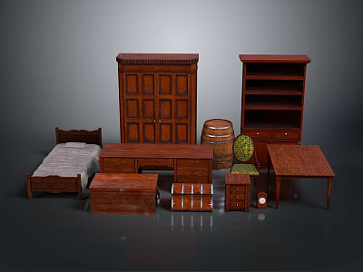 Vintage Wooden Furniture Collection With Bed Wardrobe Bookshelf Desk Chest Chair And Cabinet 3d model