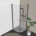 Modern Rain Shower Head in Glass Enclosure with White Blinds Green Plant and Tile Floor