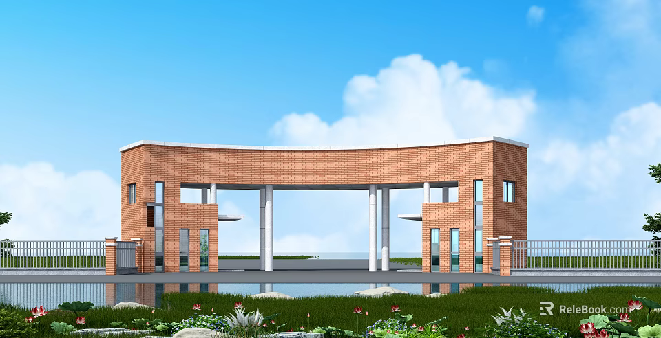 Red Brick Entrance Gate With Curved Design Water Pool And Green Plants Under Blue Sky 3d model 