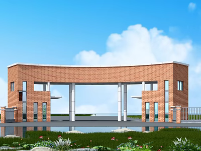 Red Brick Entrance Gate With Curved Design Water Pool And Green Plants Under Blue Sky 3d model