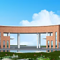 Red Brick Entrance Gate With Curved Design Water Pool And Green Plants Under Blue Sky