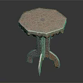 Traditional Octagonal Wooden Table With Intricate Carved Patterns And Golden Yellow Accents
