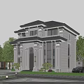 Elegant Two Story Detached Villa with White Facade Dark Roof Grand Pillars and Lush Greenery