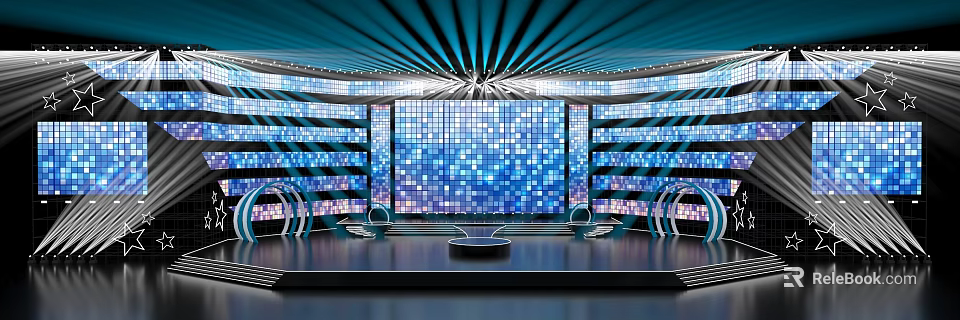 Modern Stage Design With Blue LED Screen Curved Structures And Lighting Effects 3d model 