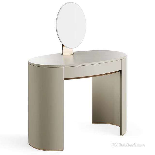 Modern Beige Dressing Table With Curved Design Round Mirror And Gold Base Drawer 3d model 