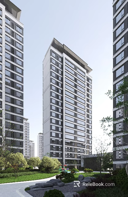 Modern High Rise Residential Building With Glass Curtain Walls And Trees Around 3d model 