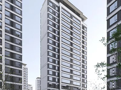 Modern High Rise Residential Building With Glass Curtain Walls And Trees Around 3d model